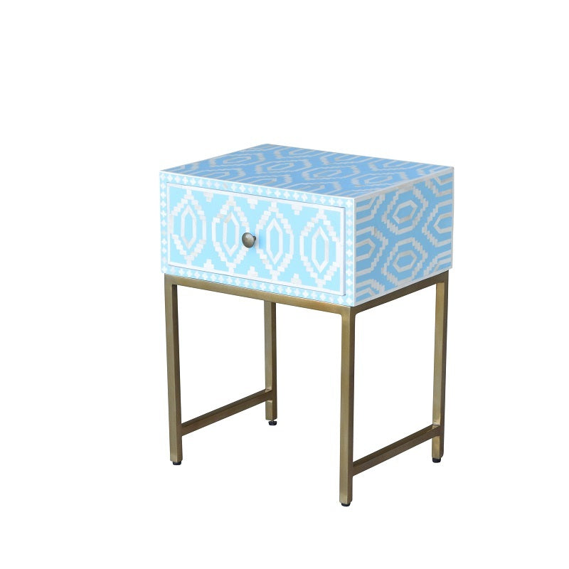 Bone Inlay Side Table With Drawers - Blue