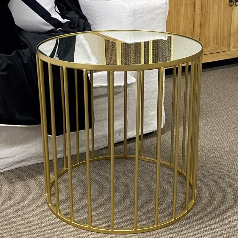 Bar Grille Cylindrical Glass Top Side Table - Brass