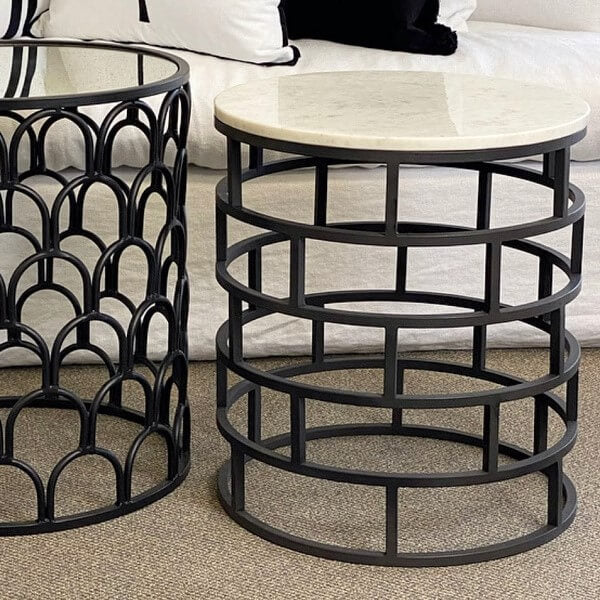 Brick Motif Cylindrical Glass Top Side Table - Black
