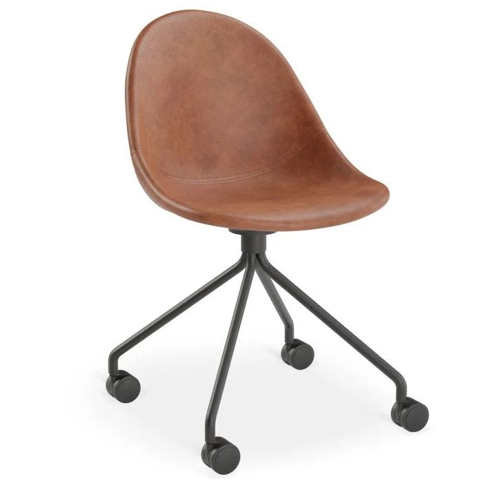Brown Rustic Leather Seat Metal Base with Castors Dining Chair