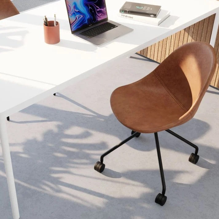 Brown Rustic Leather Seat Metal Base with Castors Dining Chair