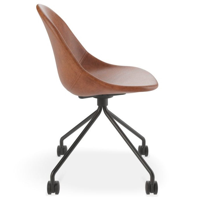 Brown Rustic Leather Seat Metal Base with Castors Dining Chair