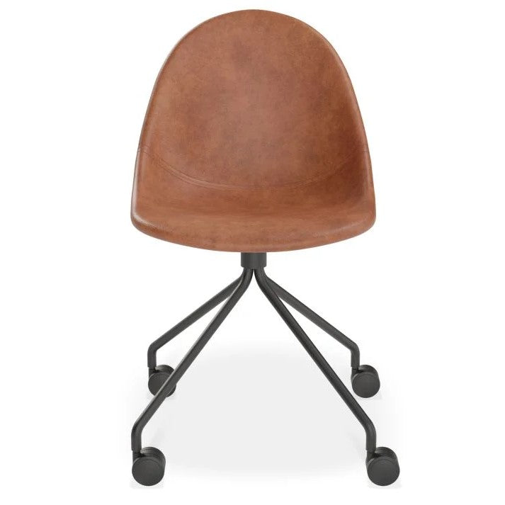 Brown Rustic Leather Seat Metal Base with Castors Dining Chair