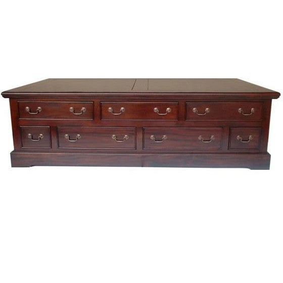 Chic 14-Drawer Campaign Coffee Table - Rose Mahogany