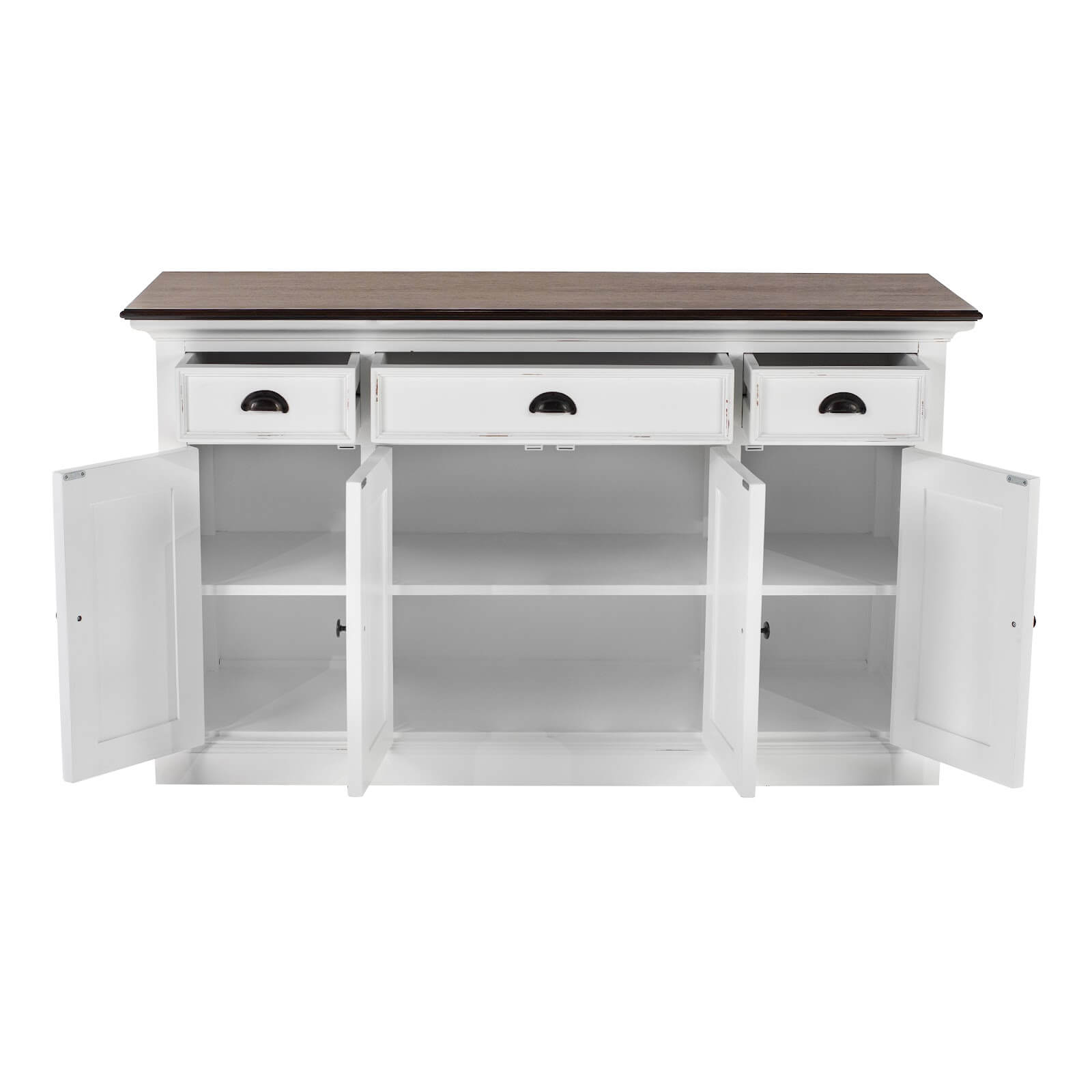 Classic Farmhouse Buffet 3 Drawers & 4 Doors White W/ Brown Top