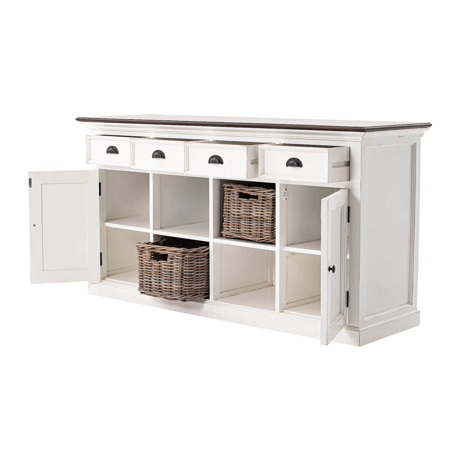 Classic Farmhouse Buffet 4 Drawers 2 Doors & 4 Baskets White W/ Brown Top