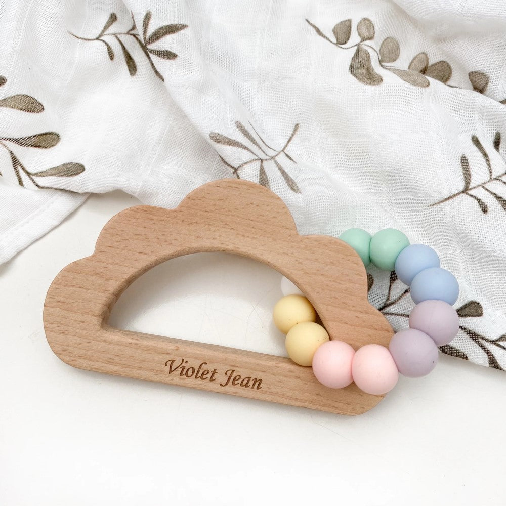 Personalised Cloud Silicone and Beech Wood Teether (Available in 5 Colours)