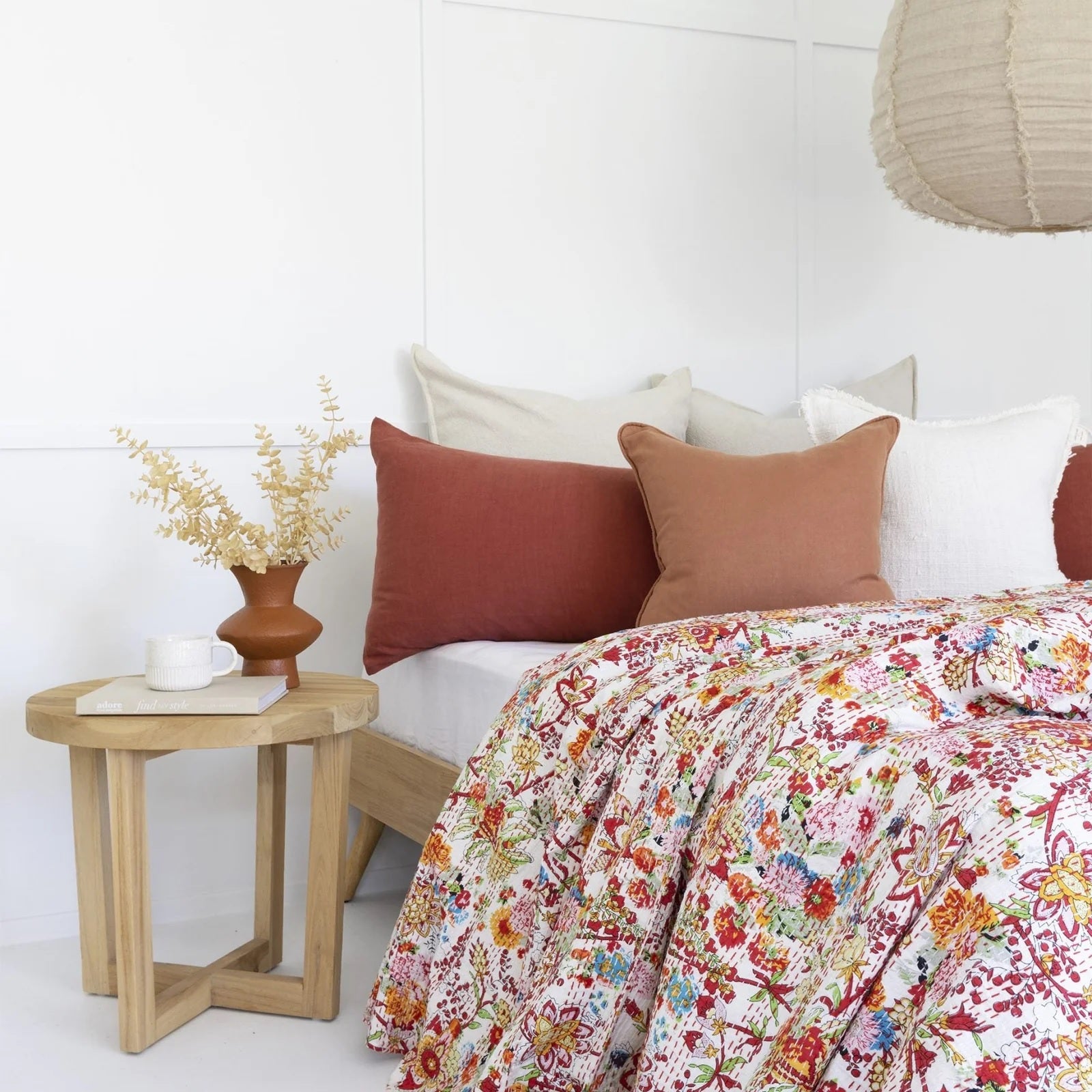 Colorful Floral Inspired White Cotton Bedspread