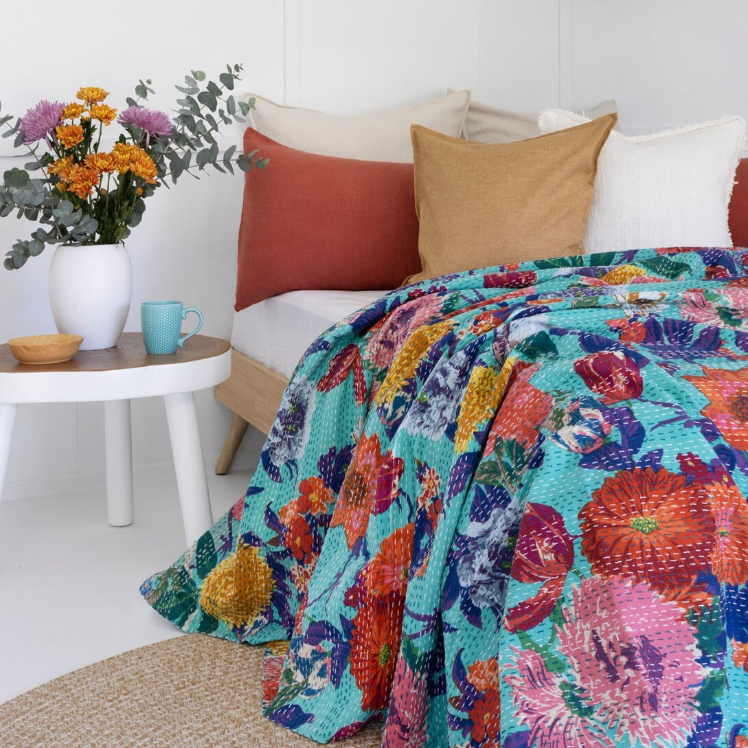 Colorful Flowers Blossom Inspired Blue Bedspread King Size