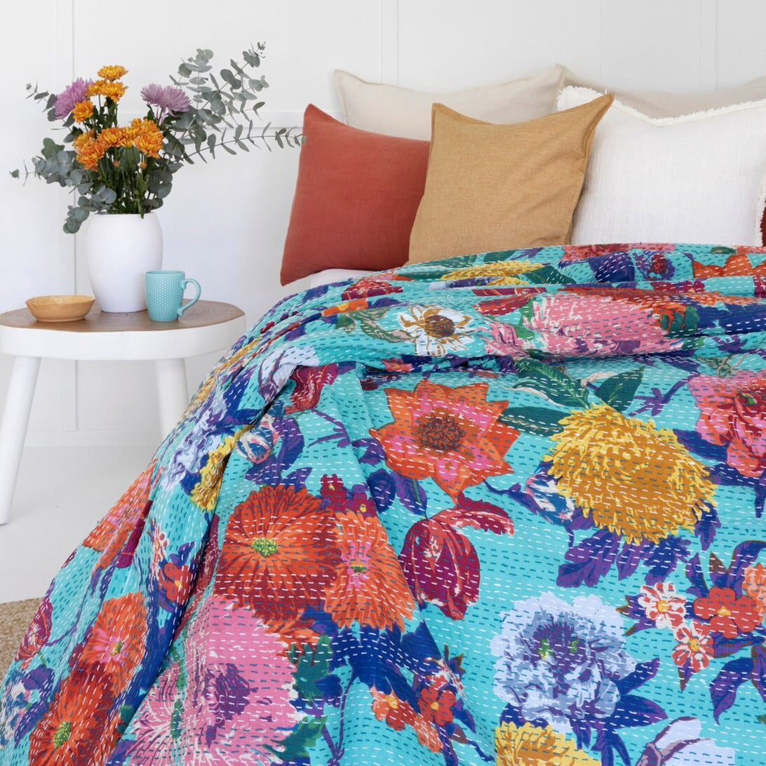 Colorful Flowers Blossom Inspired Blue Bedspread King Size