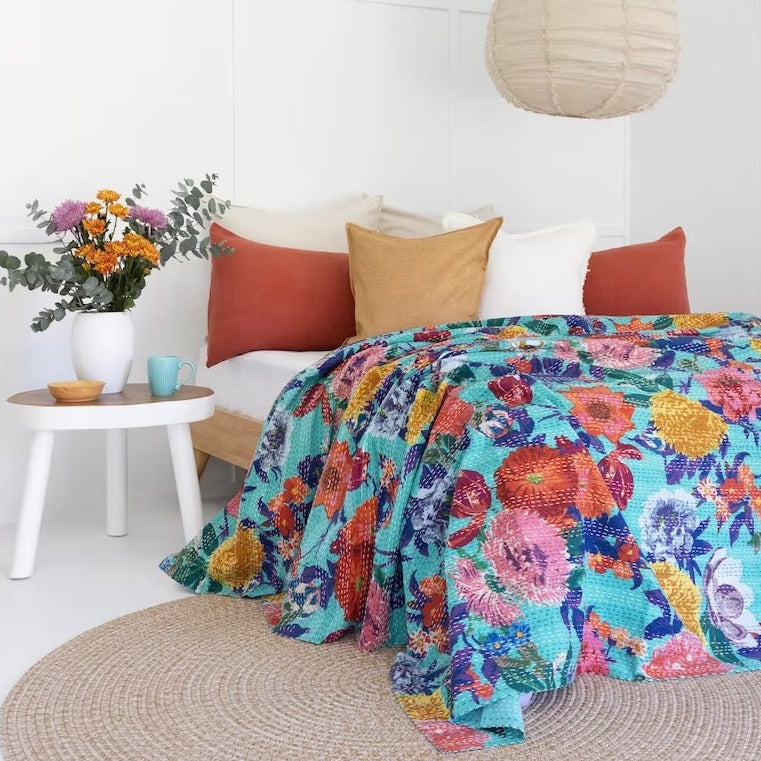 Colorful Flowers Blossom Inspired Blue Bedspread King Size