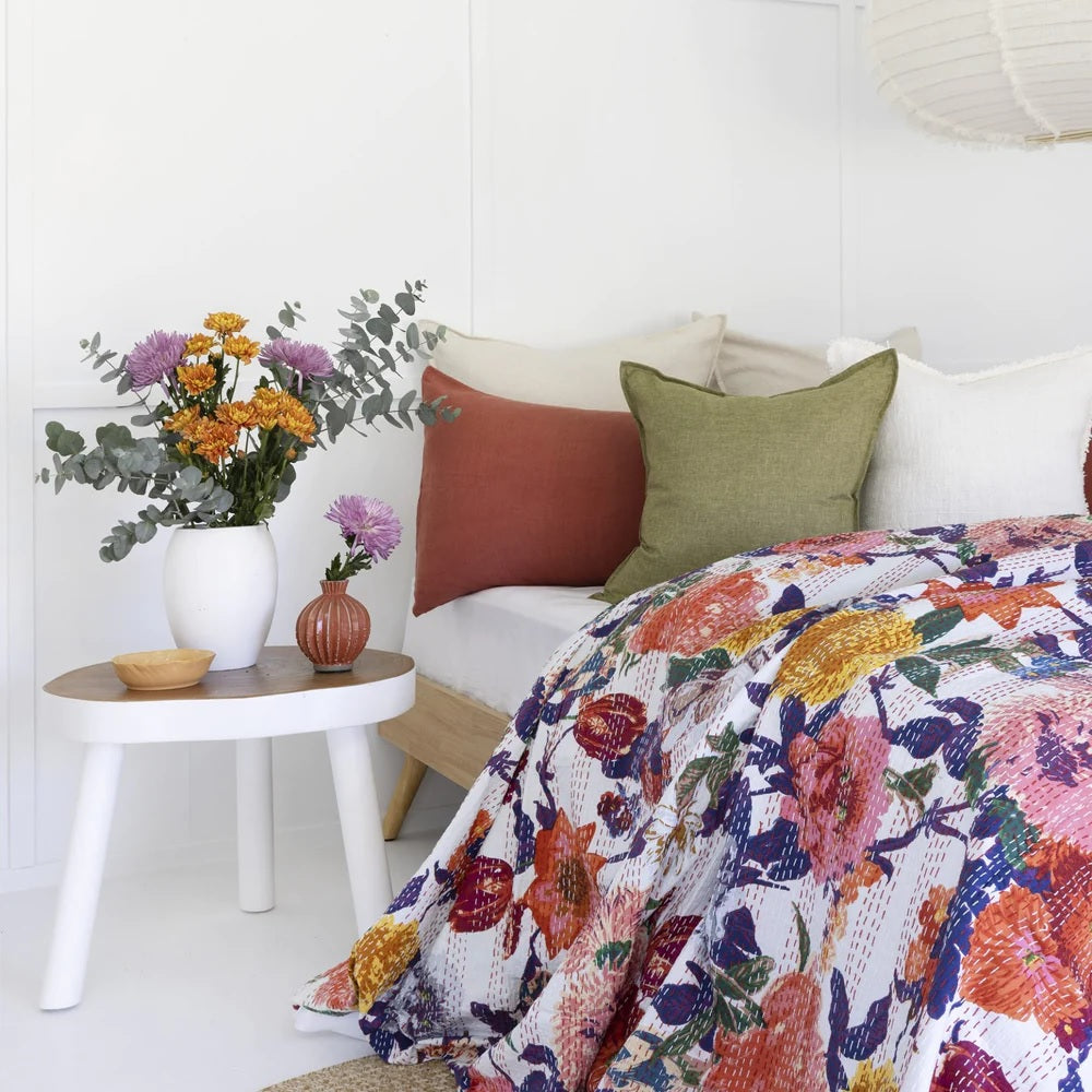 Colorful Flowers On White Hand Stitched Bedspread King Size