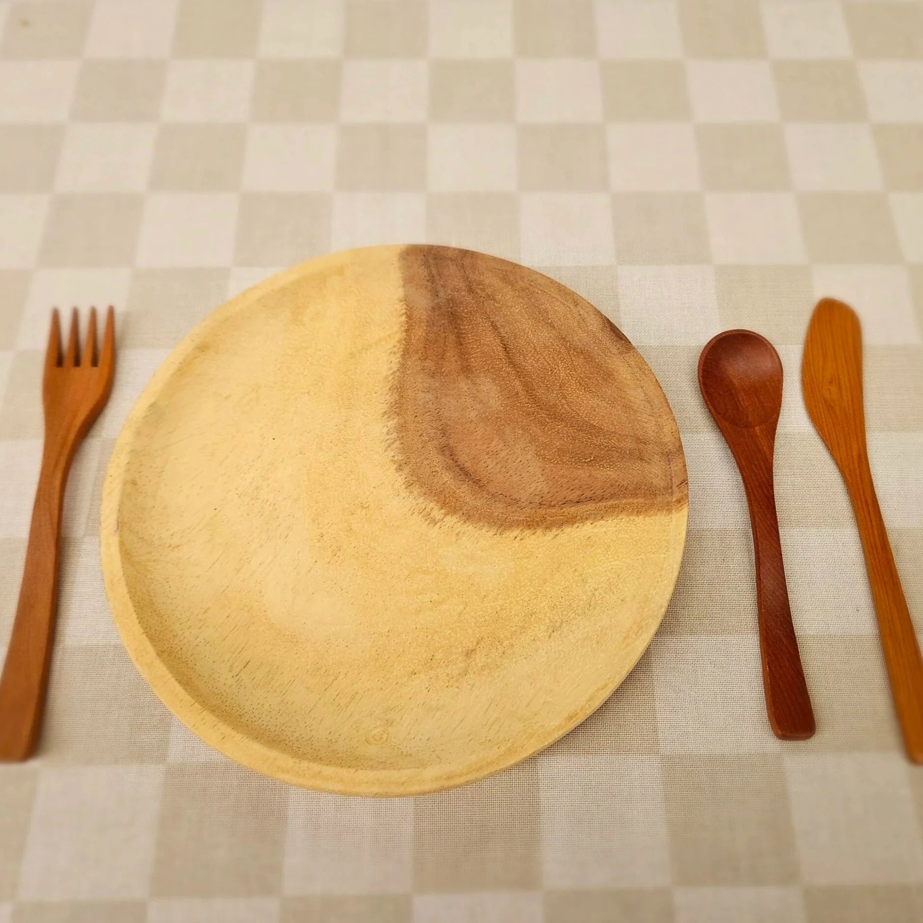 Crafted Wooden Plate and Utensil Set