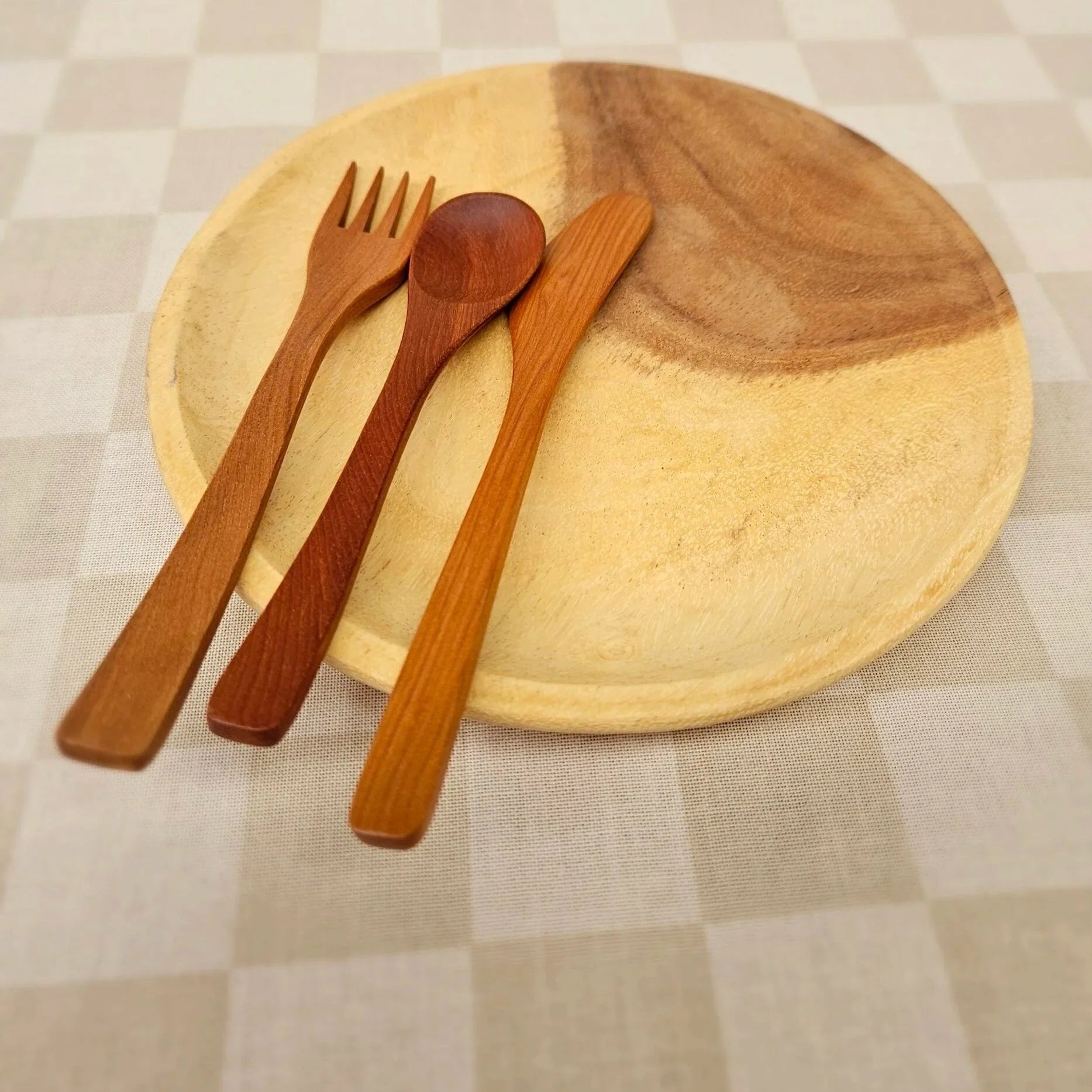 Crafted Wooden Plate and Utensil Set