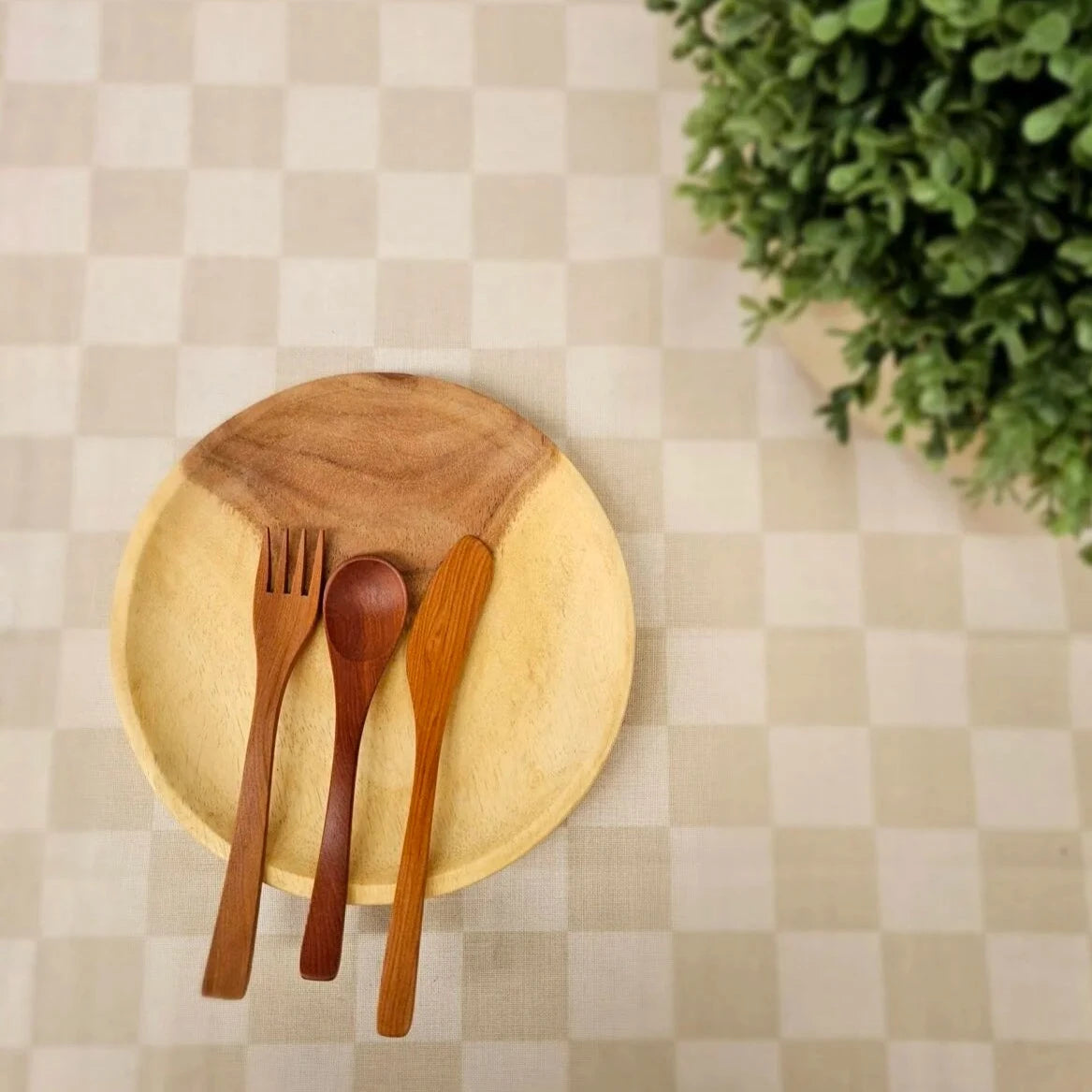 Crafted Wooden Plate and Utensil Set