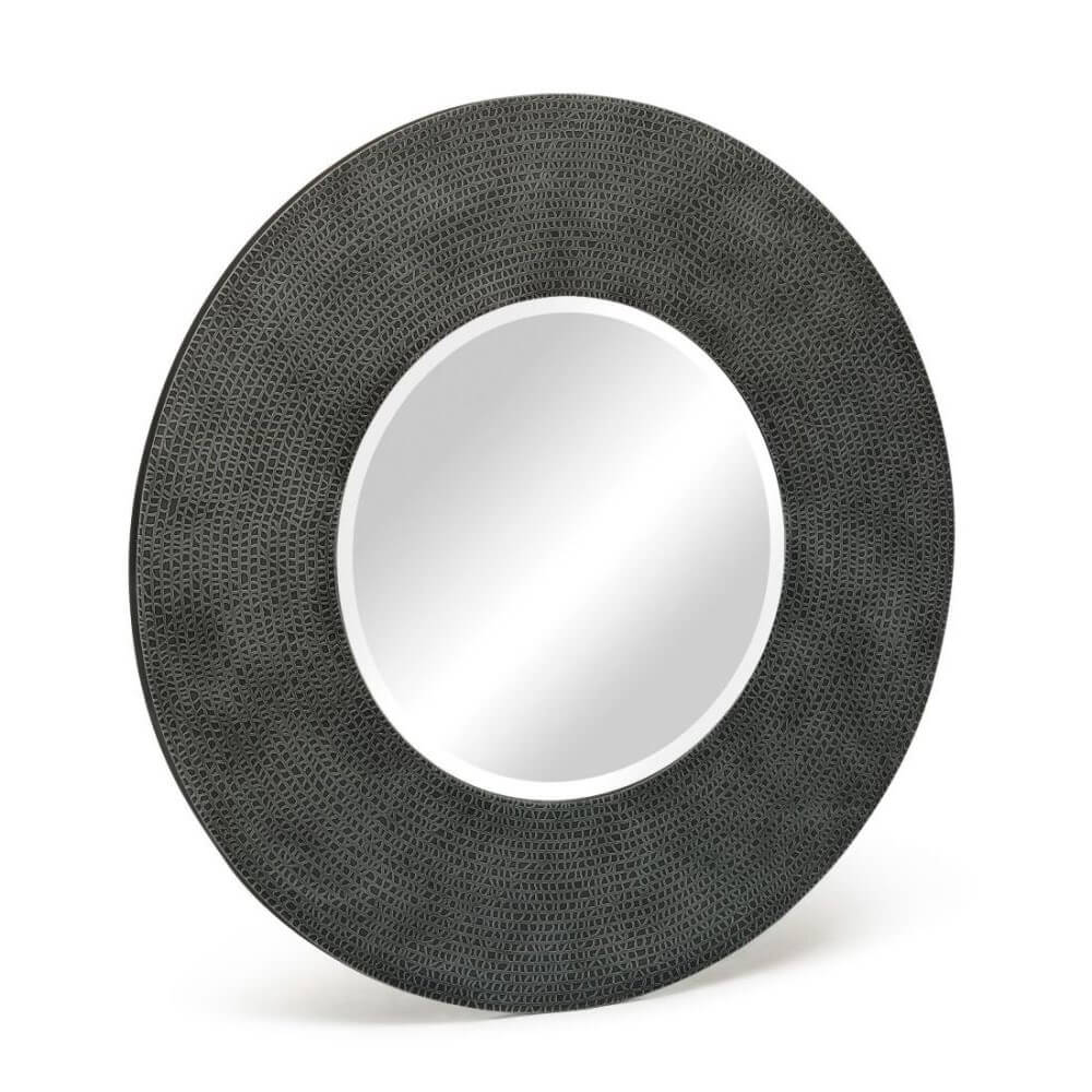 Croc Pattern Black Silver Metal Frame Round Wall Mirror