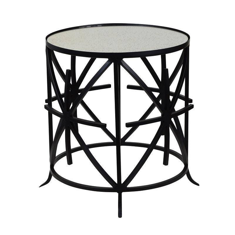 Cross Grille Cylindrical Glass Top Side Table - Black