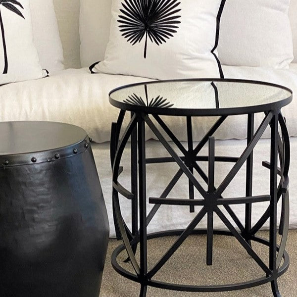 Cross Grille Cylindrical Glass Top Side Table - Black
