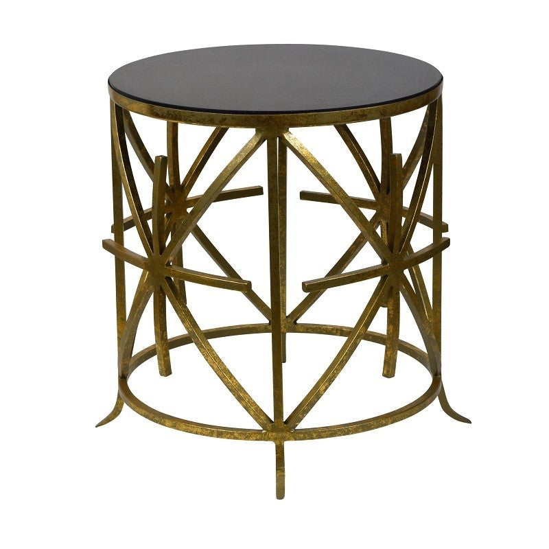 Cross Grille Cylindrical Glass Top Side Table - Gold