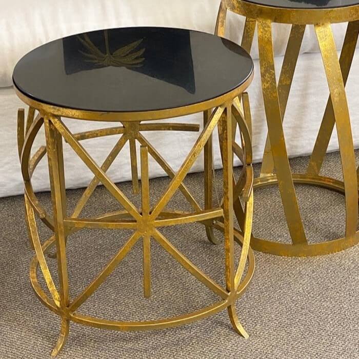 Cross Grille Cylindrical Glass Top Side Table - Gold