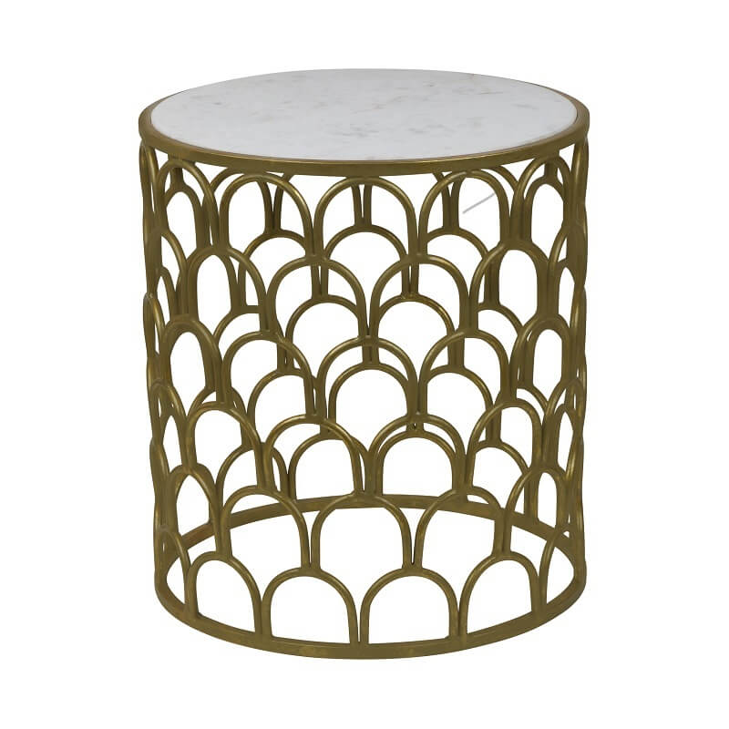 Curvy Grille Cylindrical Glass Top Side Table - Gold