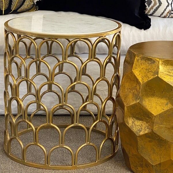Curvy Grille Cylindrical Glass Top Side Table - Gold