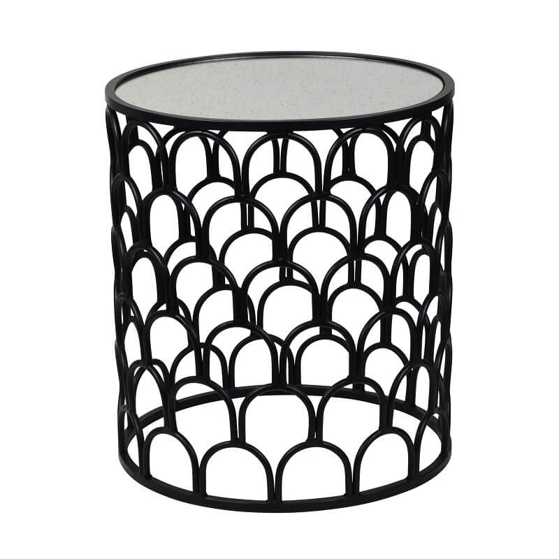 Curvy Grille Cylindrical Glass Top Side Table - Black