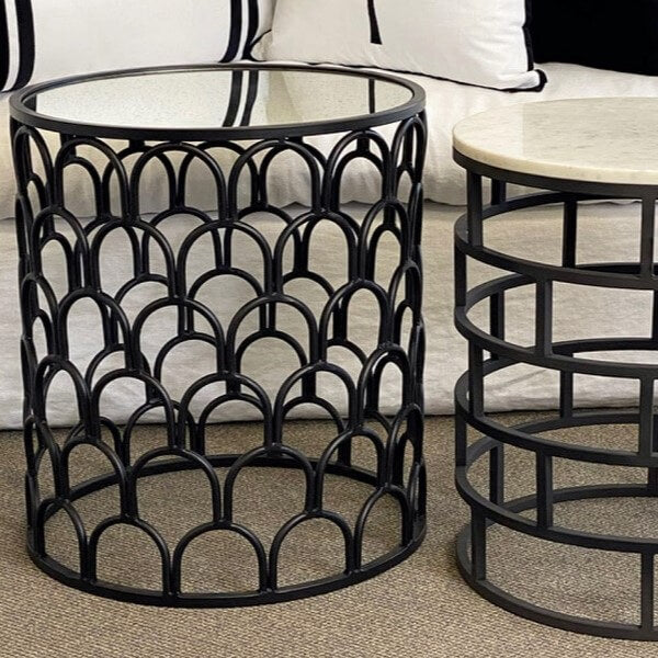Curvy Grille Cylindrical Glass Top Side Table - Black