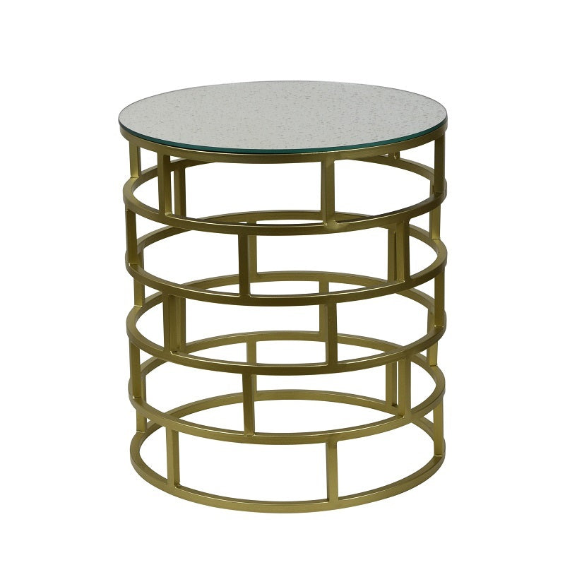 Brick Motif Cylindrical Glass Top Side Table - Gold