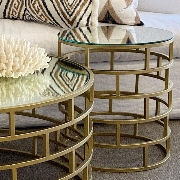 Brick Motif Cylindrical Glass Top Side Table - Gold