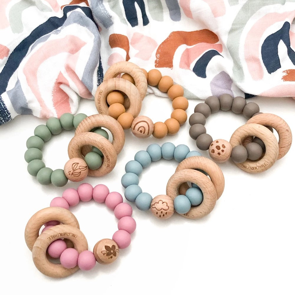 ELEMENTS Silicone and Beech Wood Teether (Available in 5 Colours)