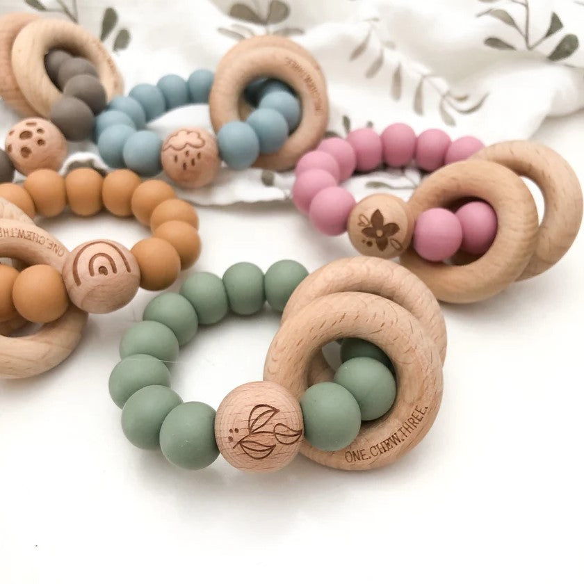 ELEMENTS Silicone and Beech Wood Teether (Available in 5 Colours)