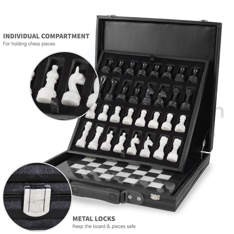 Elegance Handmade Marble Chess Set in Storage Case - Black & White
