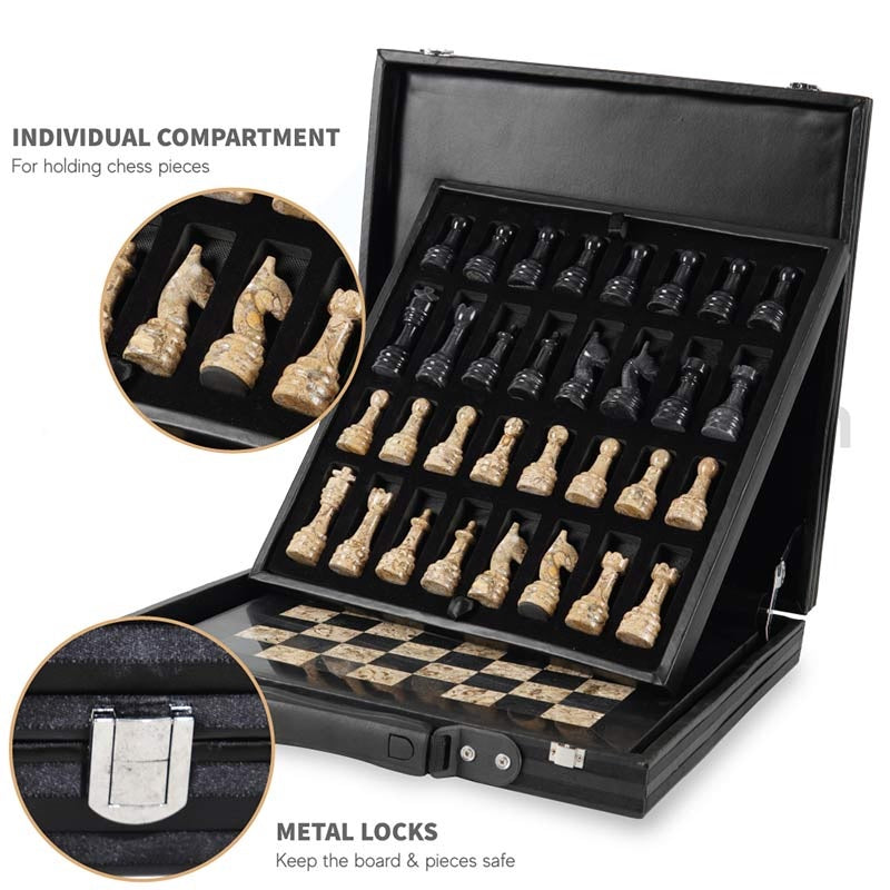Elegance Handmade Marble Chess Set in Storage Case - Black & Coral