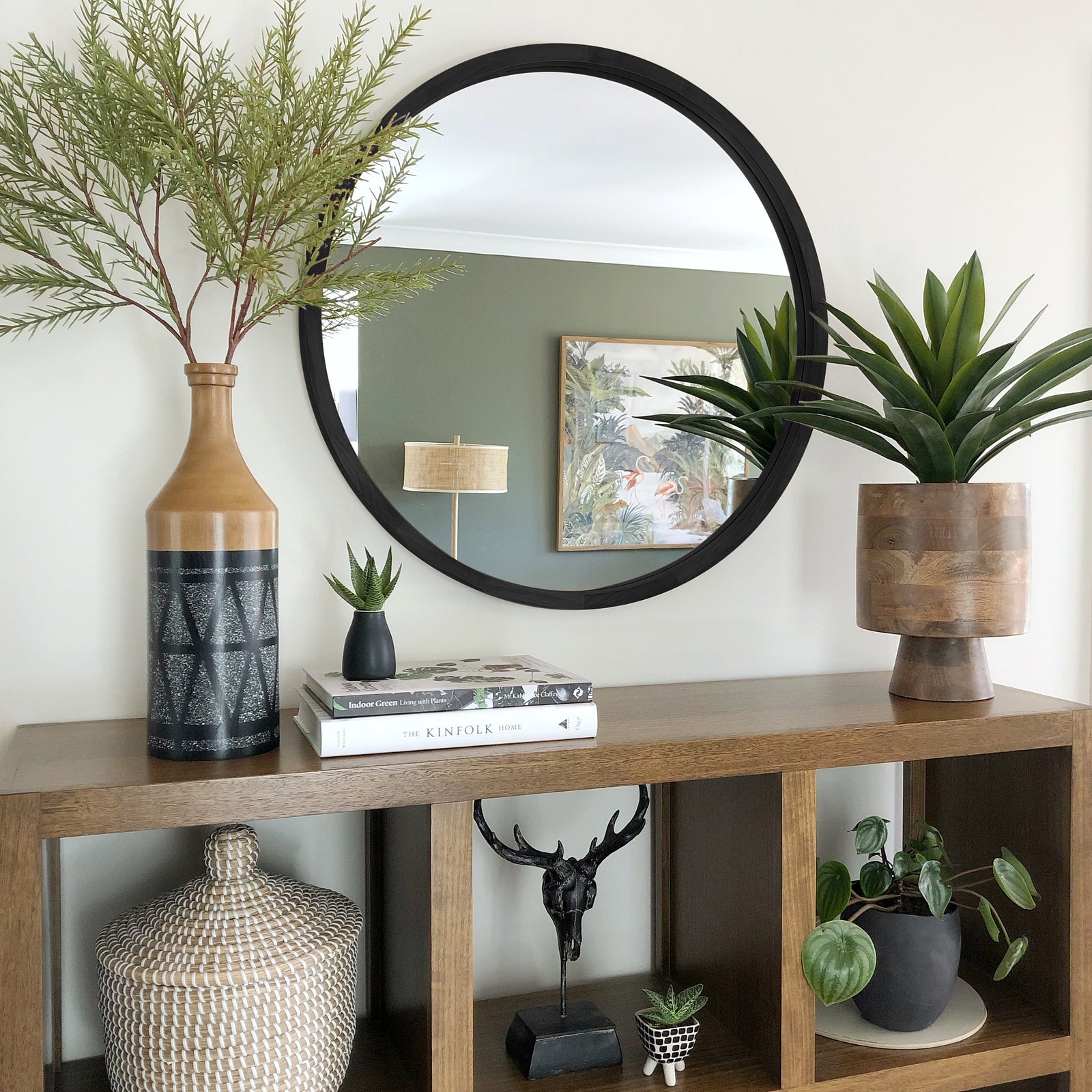 Enchanting Elegance Black Solid Wood Round Mirror - 80cm