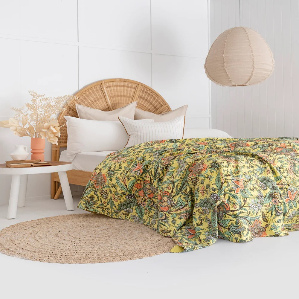 Floral Pattern Yellow Hand Stitched Cotton Doona King Size