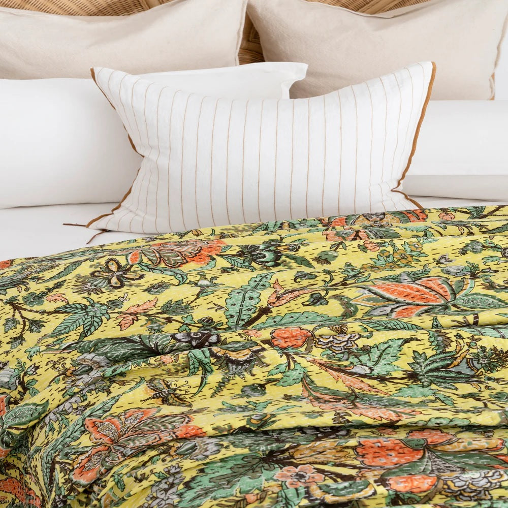 Floral Pattern Yellow Hand Stitched Cotton Doona King Size