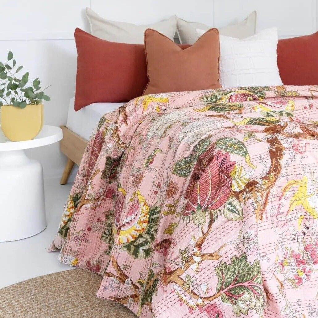 Floral Whispers Pink Cotton Bedspread King Size