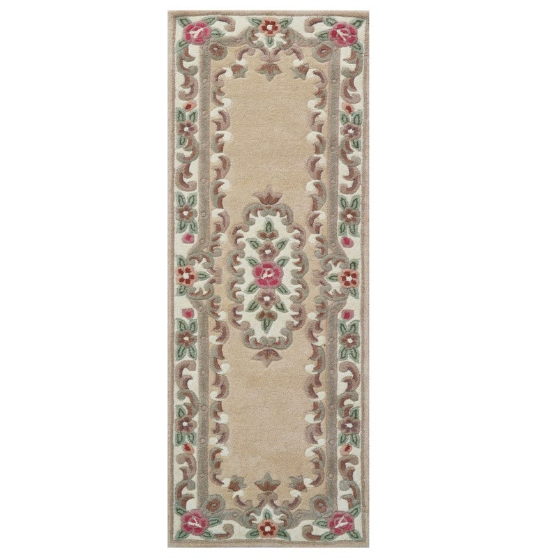 French Floral Handwoven Woolen Rug - Beige - Floor Runner