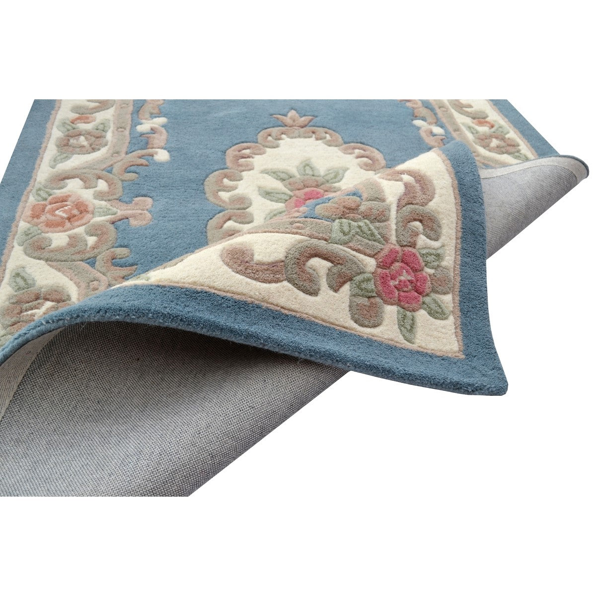 French Floral Handwoven Woolen Rug - Blue - Floor Runner