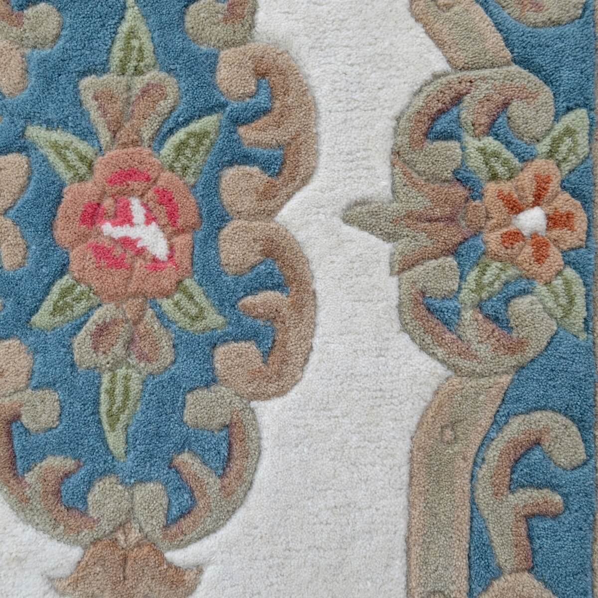French Floral Handwoven Woolen Rug - Ivory / Blue - Semicircle