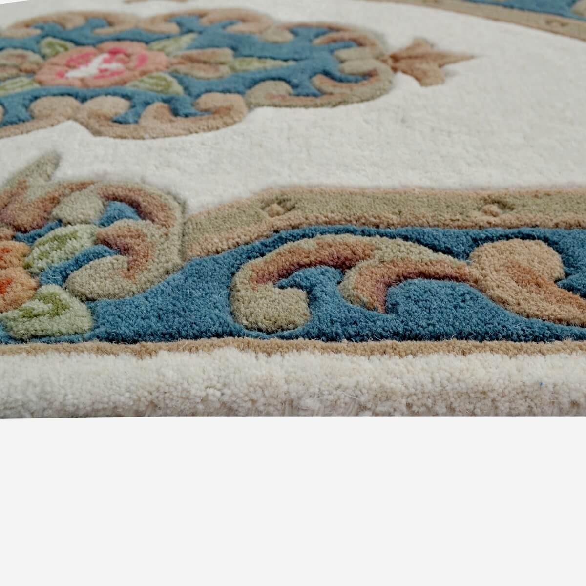 French Floral Handwoven Woolen Rug - Ivory / Blue - Semicircle