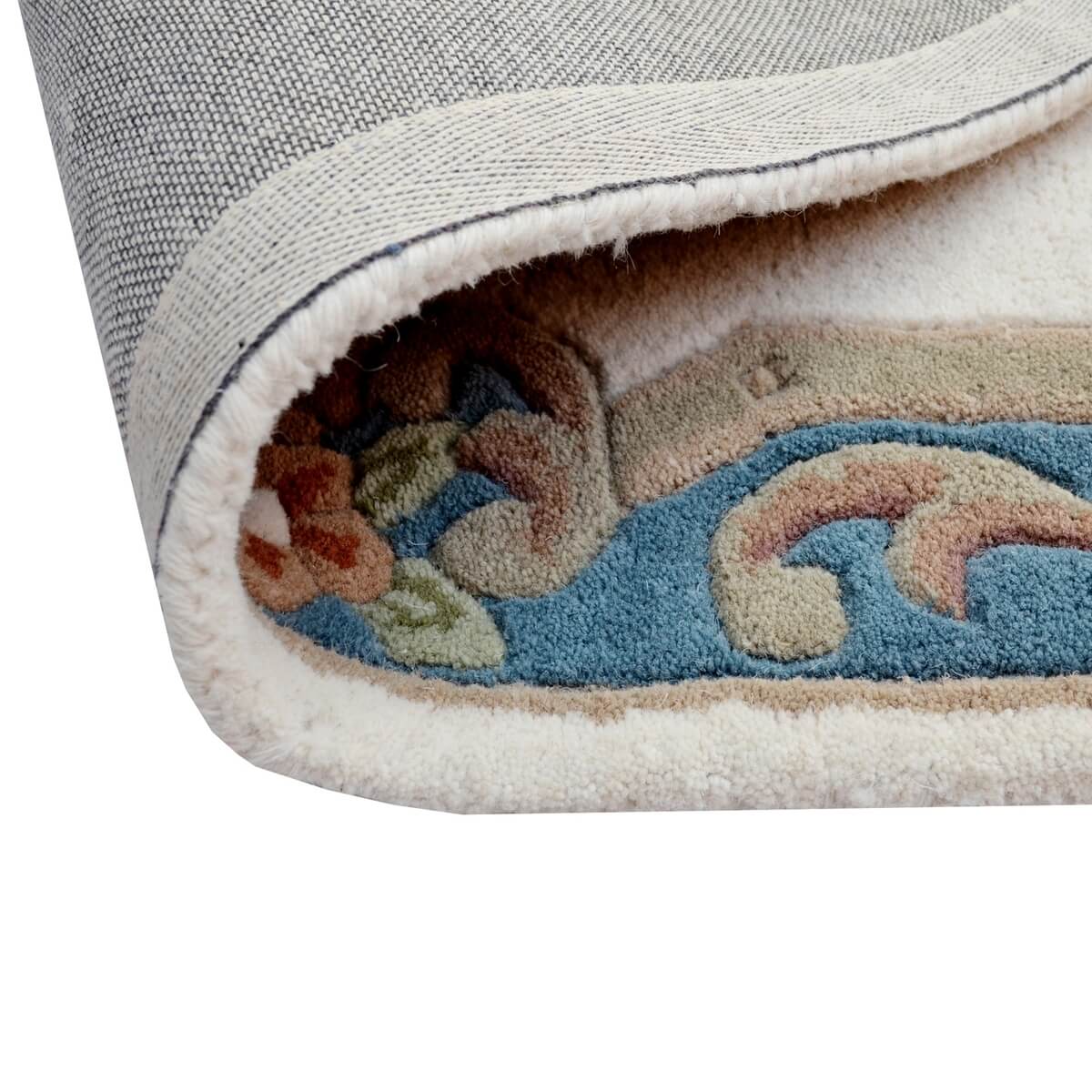 French Floral Handwoven Woolen Rug - Ivory / Blue - Semicircle