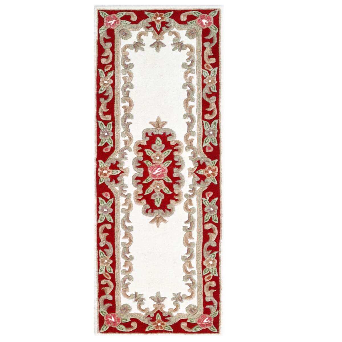 French Floral Handwoven Woolen Rug - Ivory / Red - Floor Runner