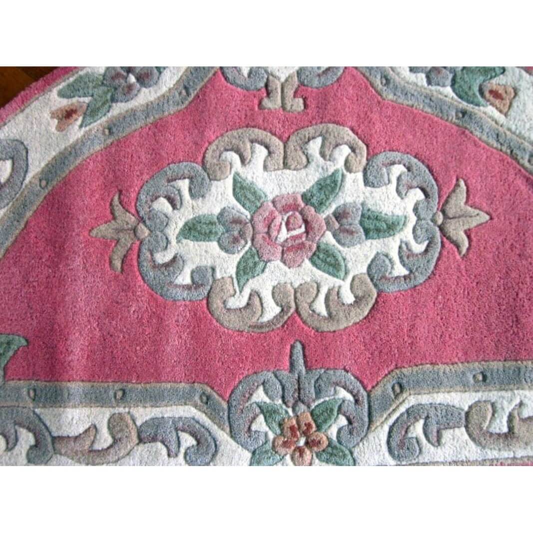 French Floral Handwoven Woolen Rug - Pink - Semicircle