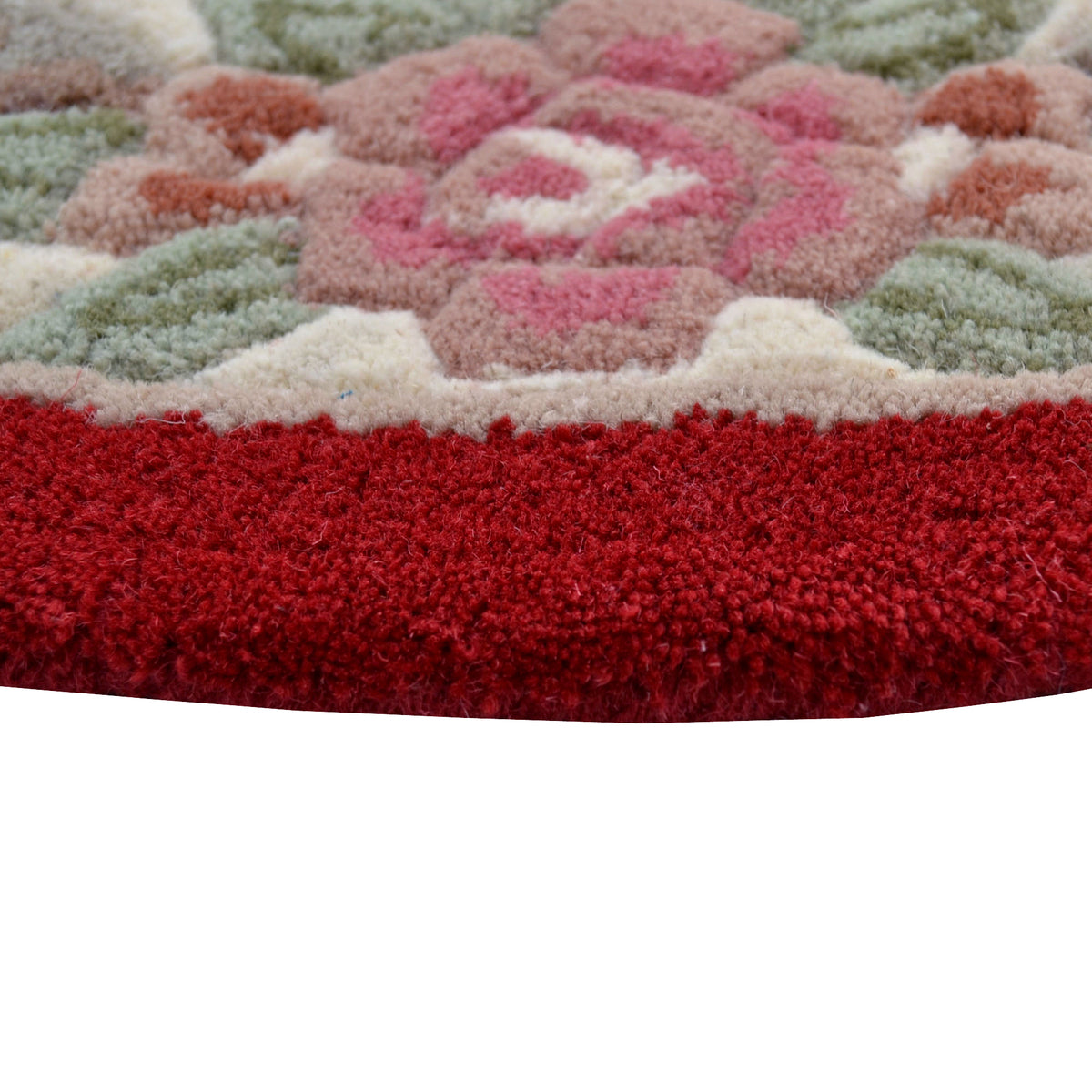 French Floral Handwoven Woolen Rug - Red - Round