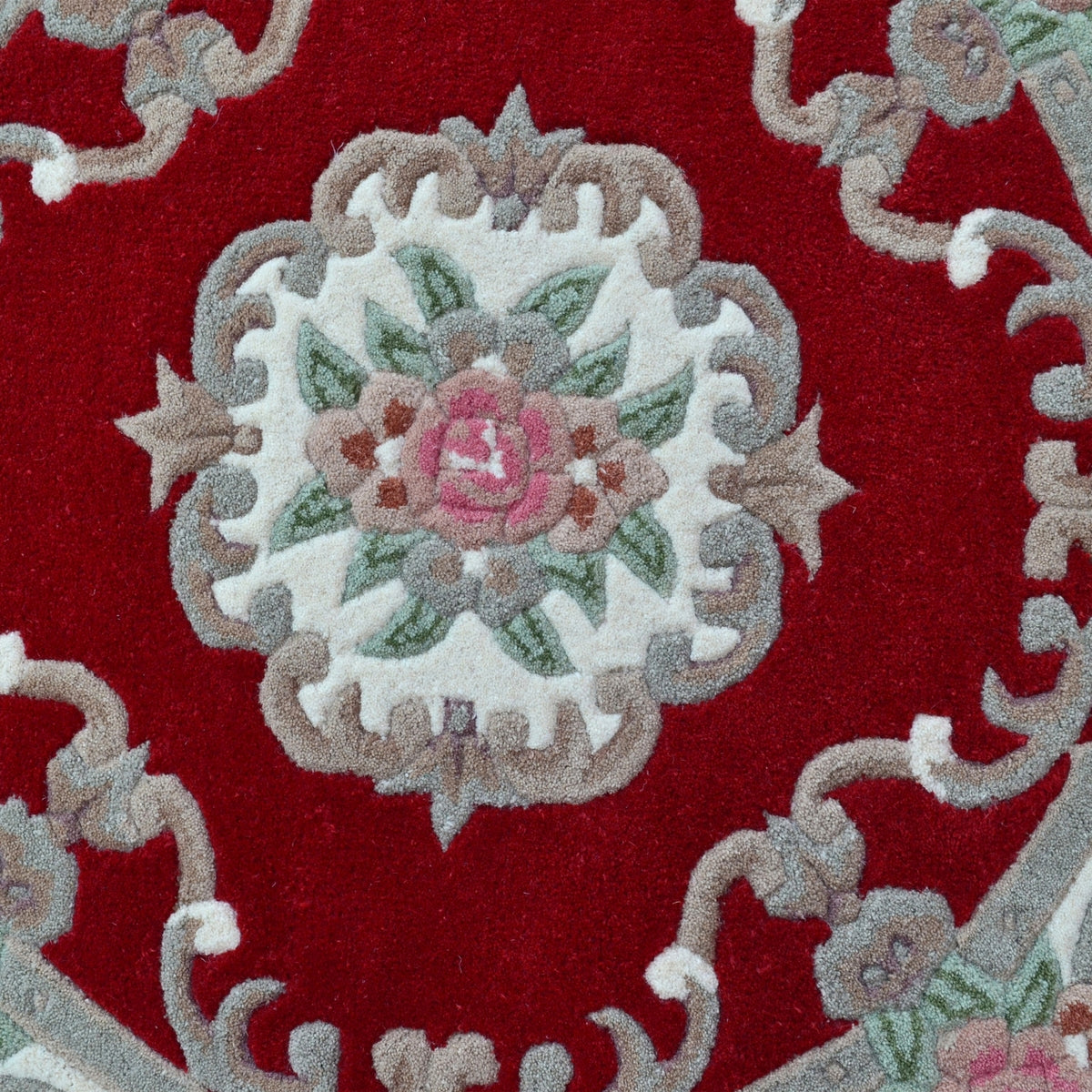 French Floral Handwoven Woolen Rug - Red - Round