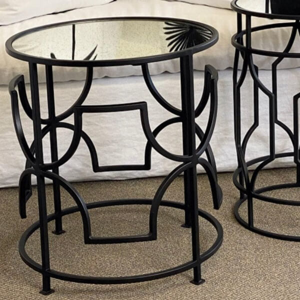 Geometric Grille Cylindrical Glass Top Side Table - Black