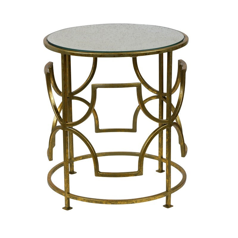 Geometric Grille Cylindrical Glass Top Side Table - Gold