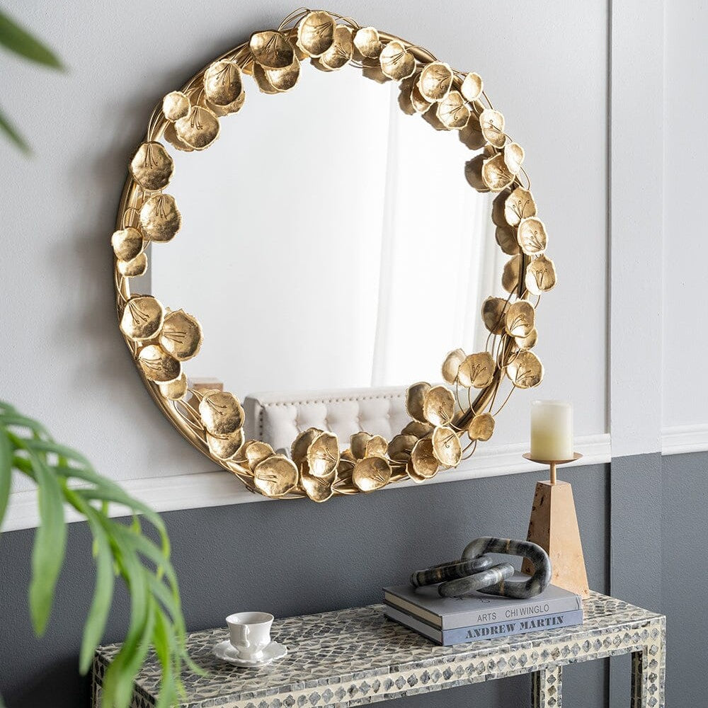 Gold Leaf Accent Round Wall Mirror 90cms
